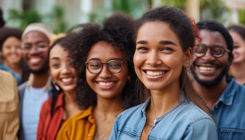 a group of people of different ethnicities all looking towards a camera, they are all smiling