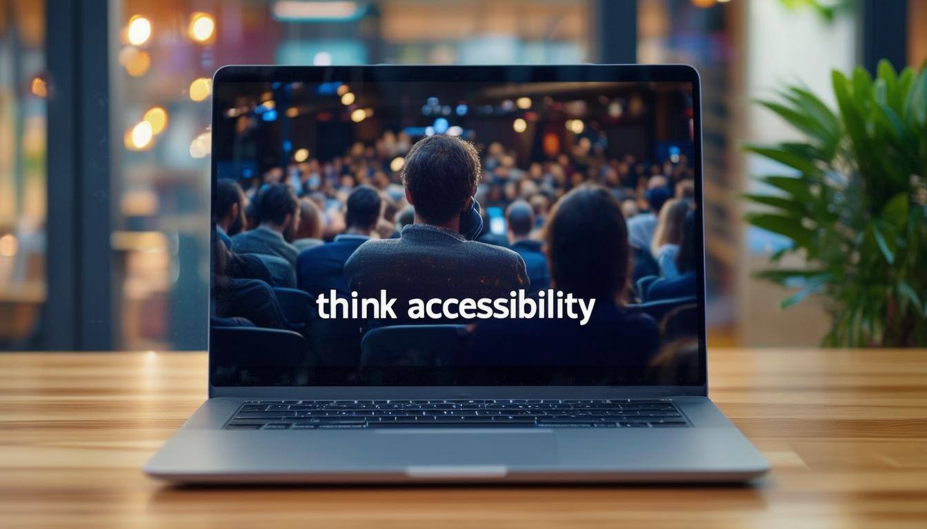 a laptop with a live event streaming, with a line of text at the bottom of the screen saying think accessibility