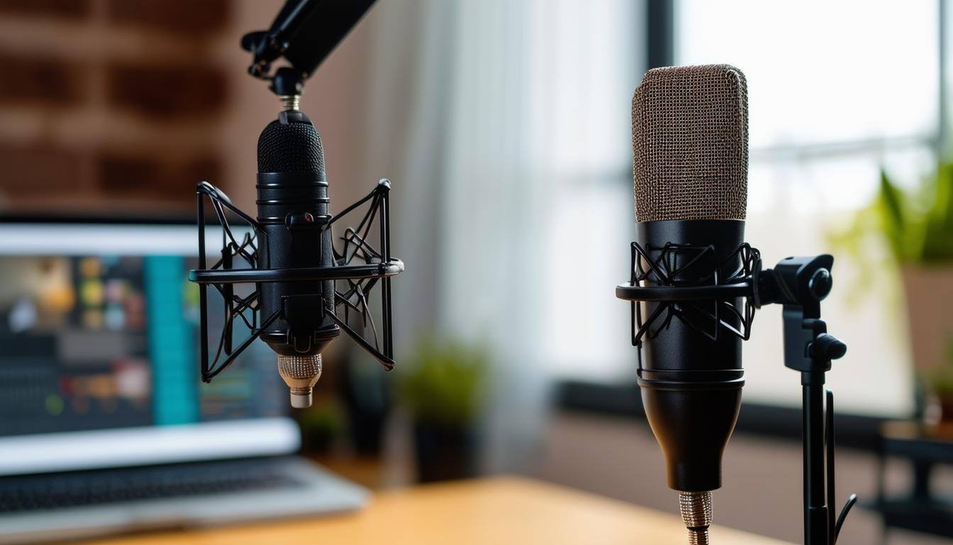 a microphone and lighting set up for an on line podcast