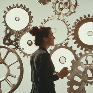 a woman standing by a set of cogs