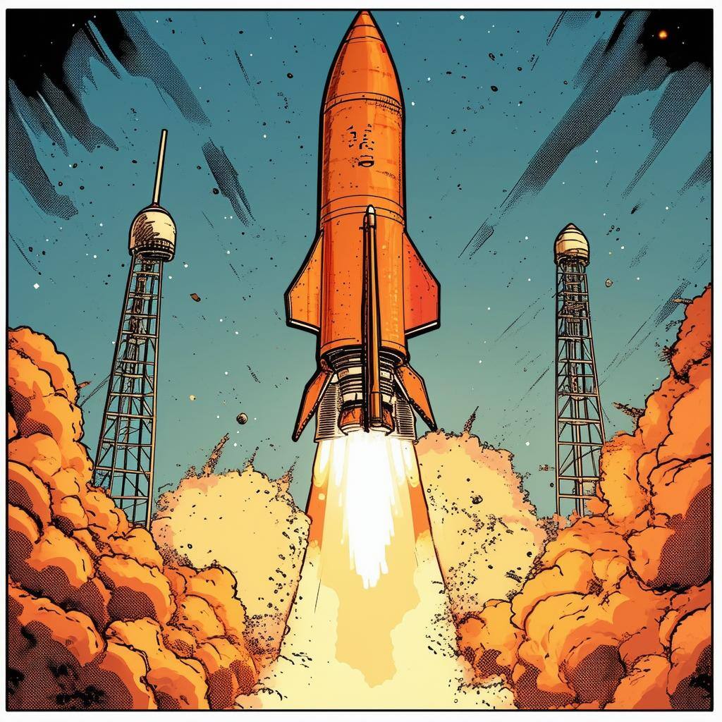 A cartoon drawing of a rocket launch