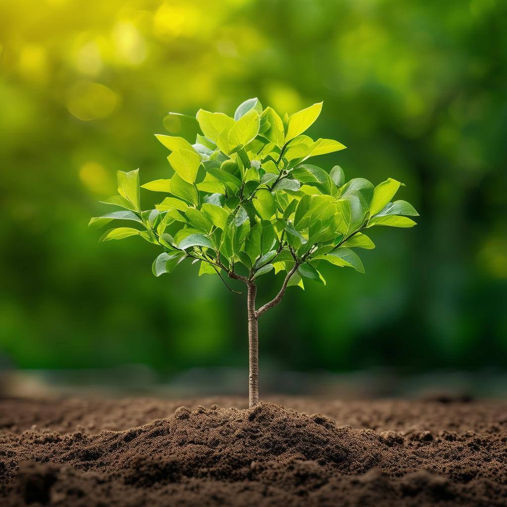 A tree sapling sprouting from an earthy ground