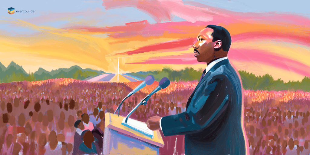 Oil-painting style image of MLK Jr giving the I Have a Dream speech in Washington DC. 