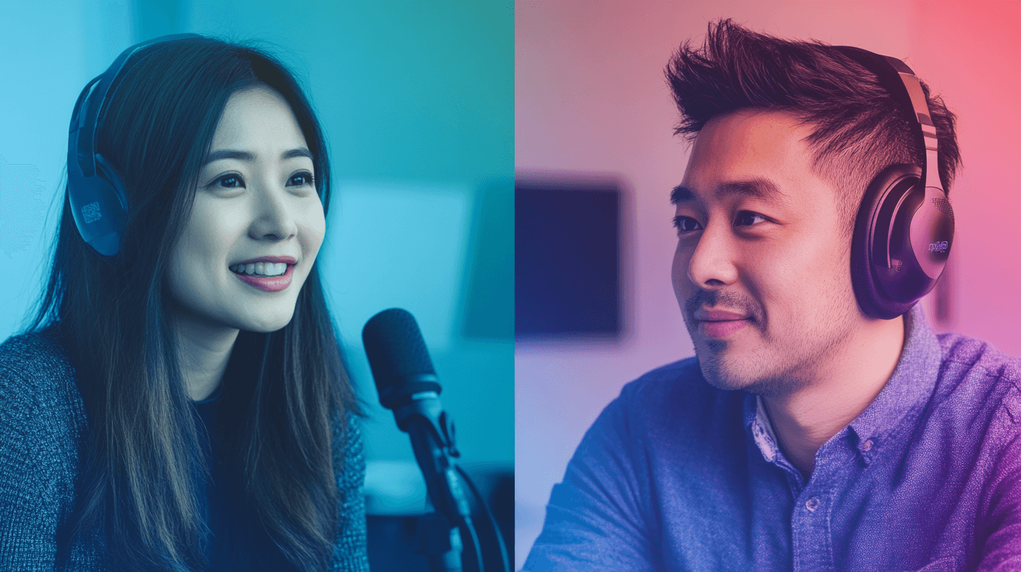 Split screen - one side is a woman of Asian descent in a grey sweater wearing headphone and speaking into a microphone. The other side is a man of Asian descent in a blue button-down shirt wearing headphones and listening. 