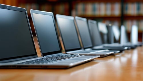 A row of black open laptops.