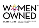 A logo of the words Women Owned in black text with a colourful circular pattern replacing the O