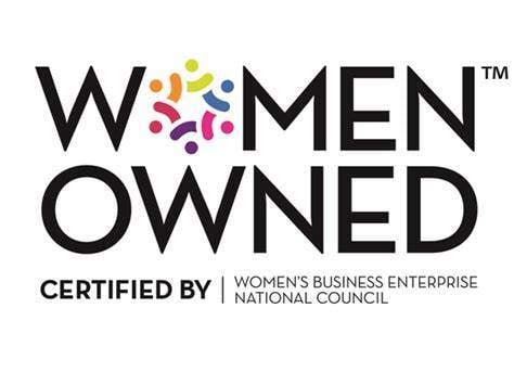 A logo of the words Women Owned in black text with a colourful circular pattern replacing the O