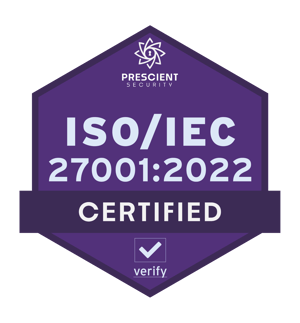 A hexagon shaped shield in purple with the text ISO/IEC 27001:2022 Certified. At the top a small logo appears for Prescient Security.