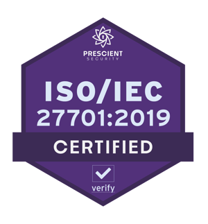 A hexagon shaped shield in purple with the text ISO/IEC 27701:2019 Certified. At the top a small logo appears for Prescient Security.