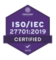 A hexagon shaped shield in purple with the text ISO/IEC 27701:2019 Certified. At the top a small logo appears for Prescient Security.