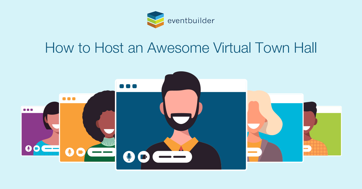 Vector: Smiling people on screens. Transcript: How to Host an Awesome Virtual Town Hall.